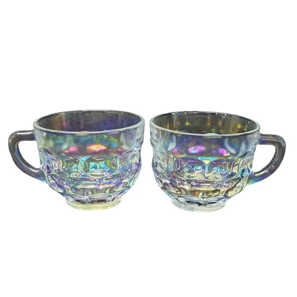 Vintage Federal Glass Iridescent Rainbow Glass Punch Teacups Pair of 2